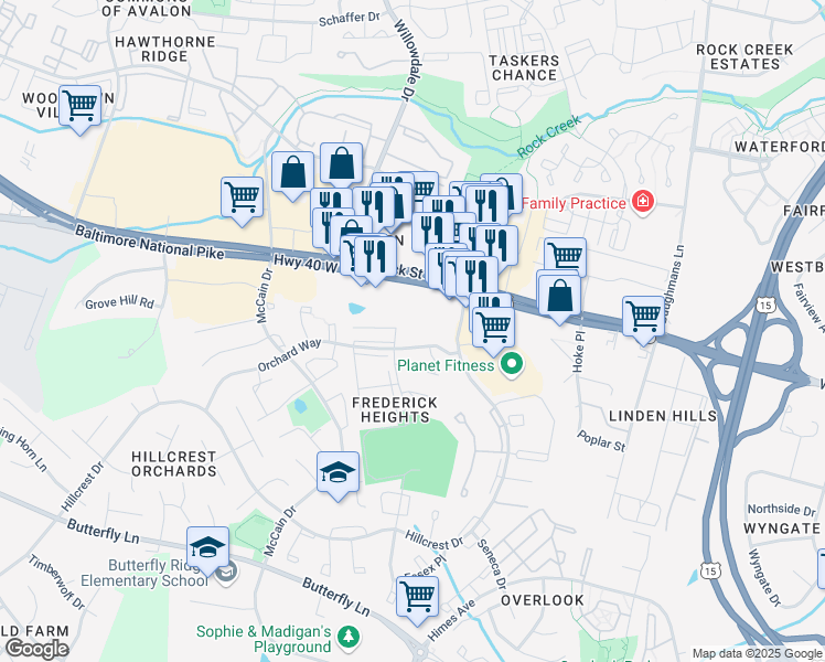 map of restaurants, bars, coffee shops, grocery stores, and more near 1153 Orchard Terrace in Frederick