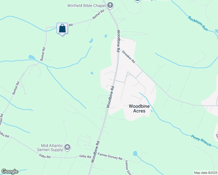 map of restaurants, bars, coffee shops, grocery stores, and more near 5800 Woodbine Road in Woodbine