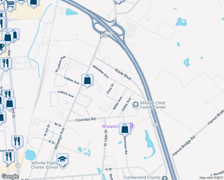 map of restaurants, bars, coffee shops, grocery stores, and more near 2041 Easy Street in Millville