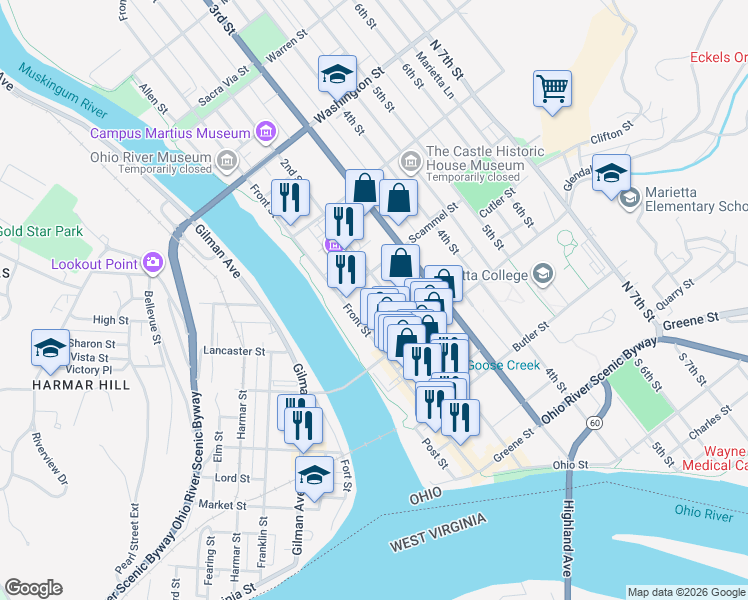 map of restaurants, bars, coffee shops, grocery stores, and more near 332 2nd Street in Marietta
