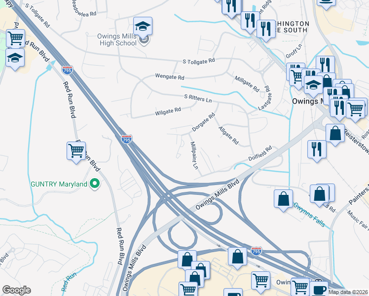 map of restaurants, bars, coffee shops, grocery stores, and more near 1 Millpaint Lane in Owings Mills