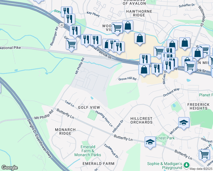 map of restaurants, bars, coffee shops, grocery stores, and more near 336 Paca Gardens Lane in Frederick