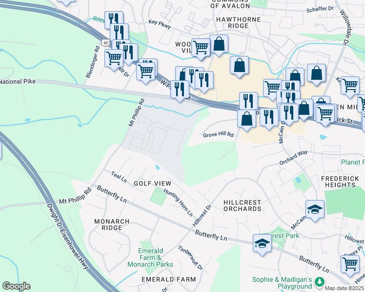 map of restaurants, bars, coffee shops, grocery stores, and more near 336 Paca Gardens Lane in Frederick
