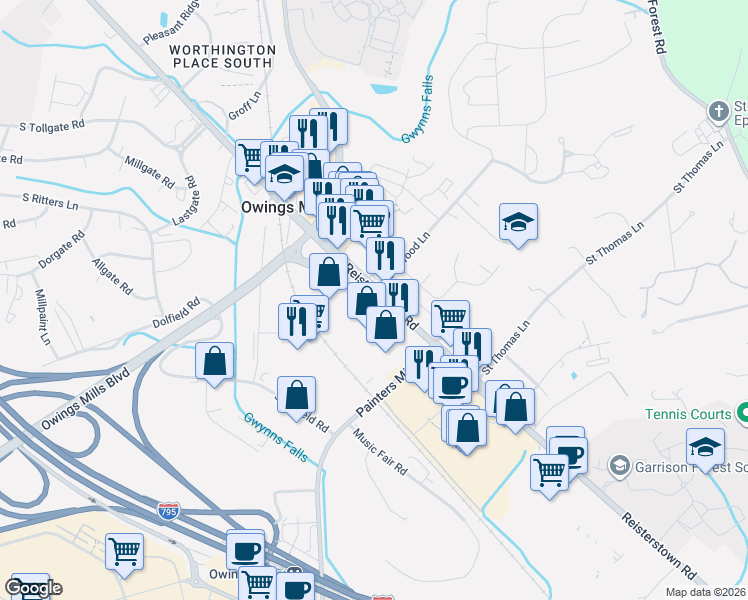 map of restaurants, bars, coffee shops, grocery stores, and more near 10244 Reisterstown Rd in Owings Mills