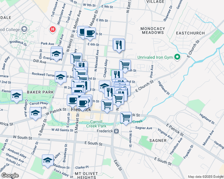 map of restaurants, bars, coffee shops, grocery stores, and more near 225 East 2nd Street in Frederick