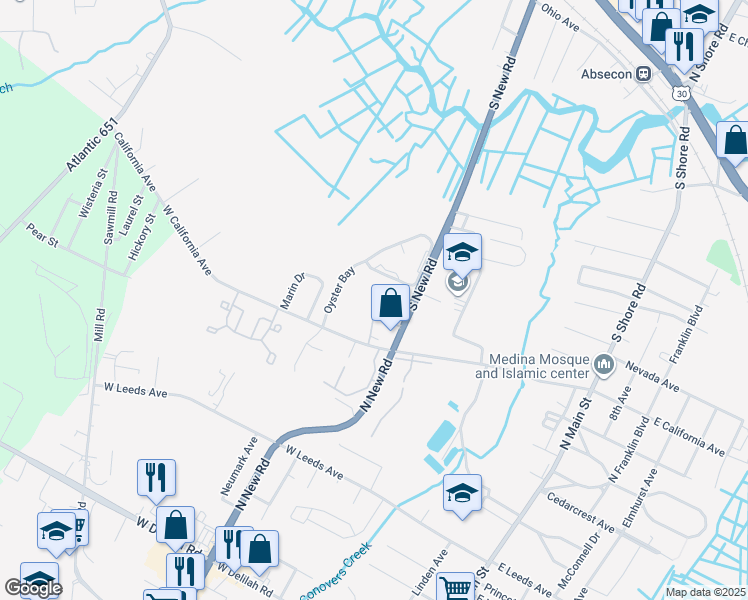map of restaurants, bars, coffee shops, grocery stores, and more near 701 South New Road in Absecon