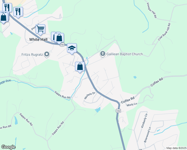 map of restaurants, bars, coffee shops, grocery stores, and more near 3105 White Hall Boulevard in Fairmont