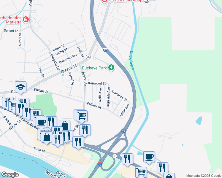 map of restaurants, bars, coffee shops, grocery stores, and more near 316 Ingleside Avenue in Marietta