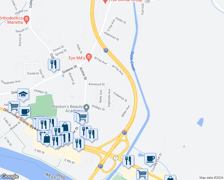 map of restaurants, bars, coffee shops, grocery stores, and more near 302 Ingleside Avenue in Marietta