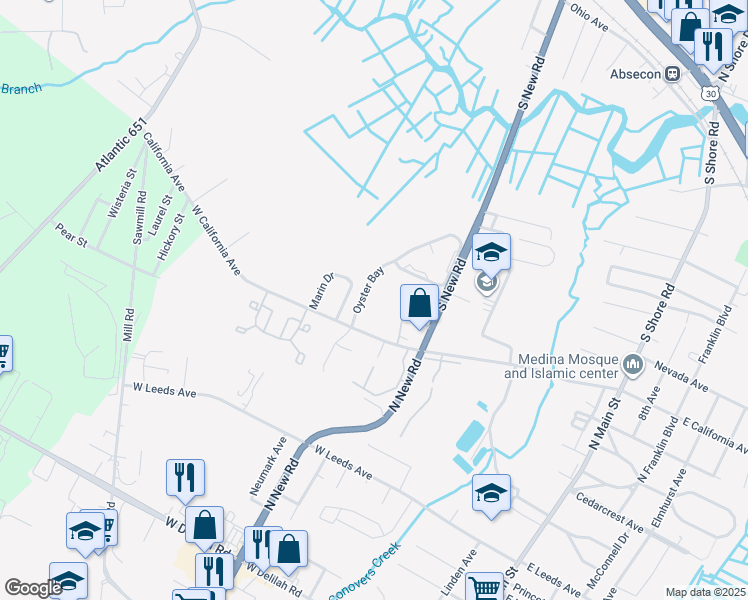 map of restaurants, bars, coffee shops, grocery stores, and more near 126 Marin Drive in Absecon