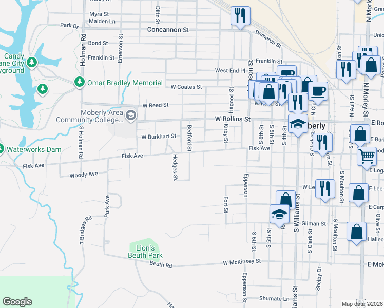 map of restaurants, bars, coffee shops, grocery stores, and more near 200 Bedford Street in Moberly