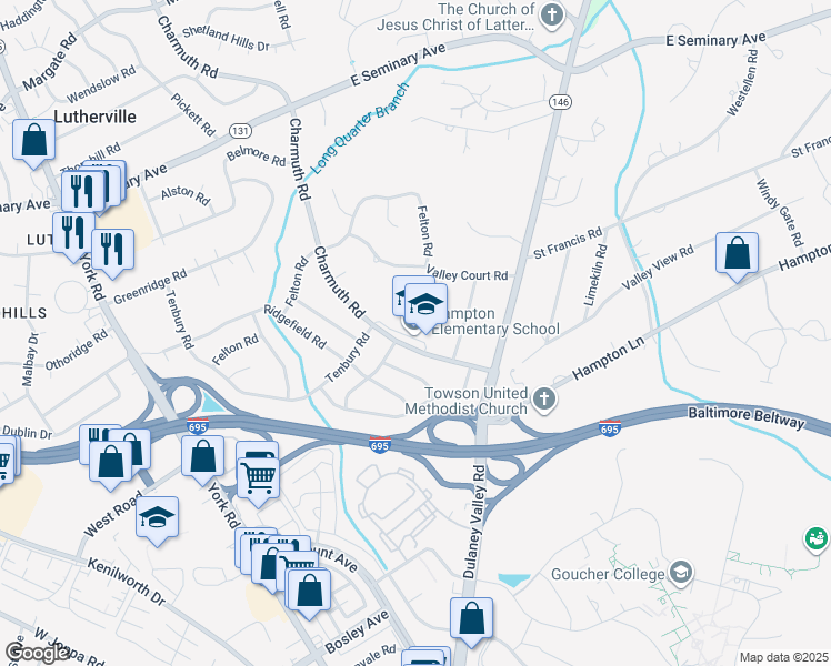 map of restaurants, bars, coffee shops, grocery stores, and more near 1115 Charmuth Road in Lutherville-Timonium