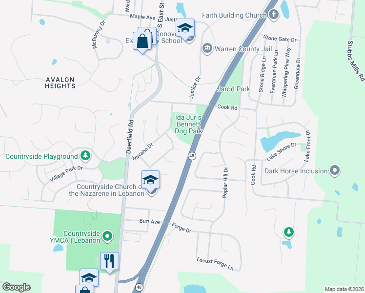 map of restaurants, bars, coffee shops, grocery stores, and more near 1125 Algonquin Drive in Lebanon