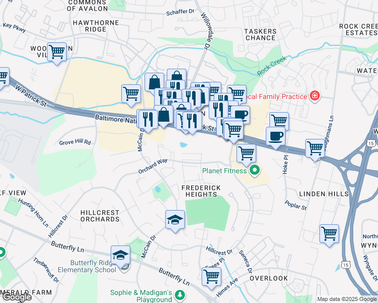 map of restaurants, bars, coffee shops, grocery stores, and more near 1208 Aynsley Court in Frederick