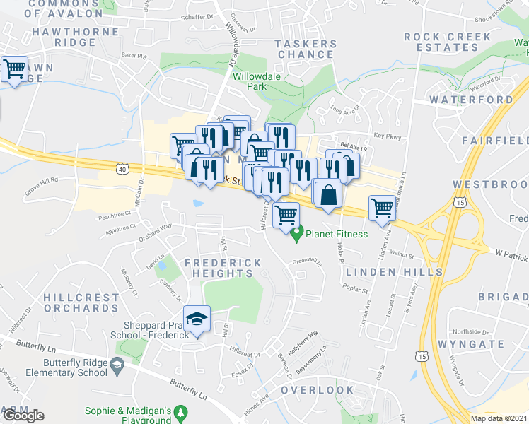 map of restaurants, bars, coffee shops, grocery stores, and more near 91 Hillcrest Drive in Frederick