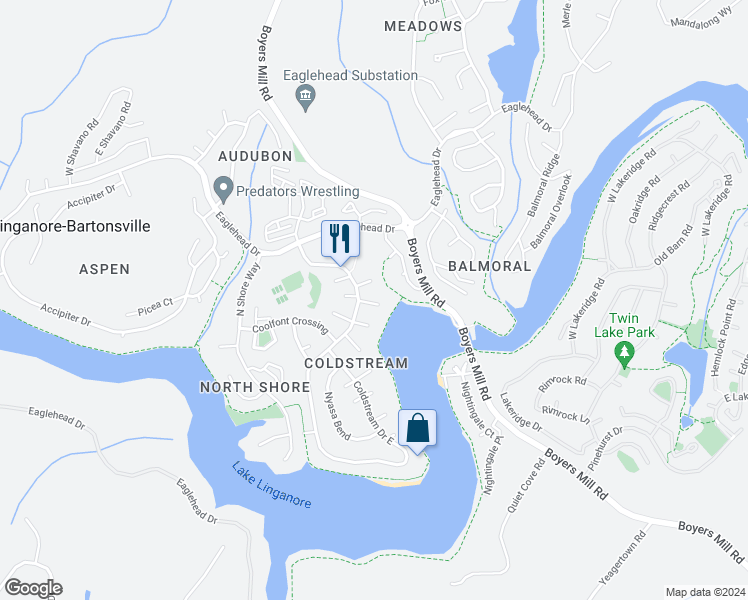 map of restaurants, bars, coffee shops, grocery stores, and more near 10304 Caspian Way in New Market