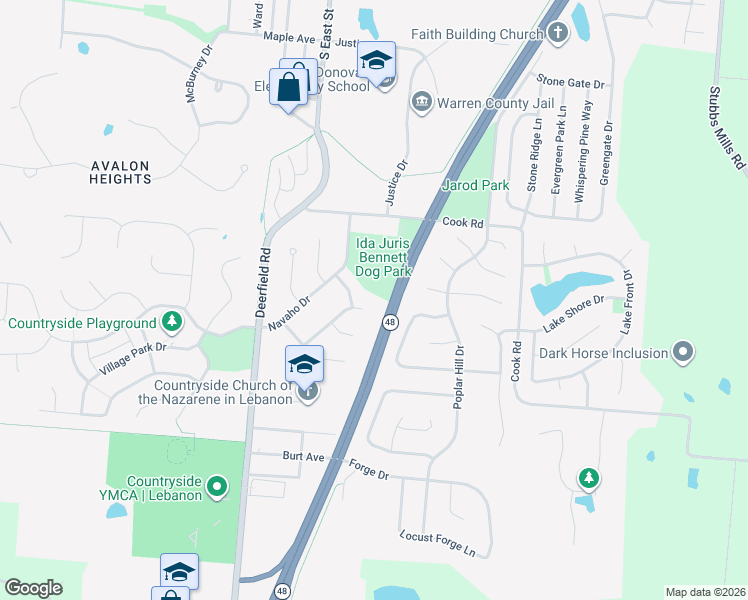 map of restaurants, bars, coffee shops, grocery stores, and more near 1125 Algonquin Drive in Lebanon