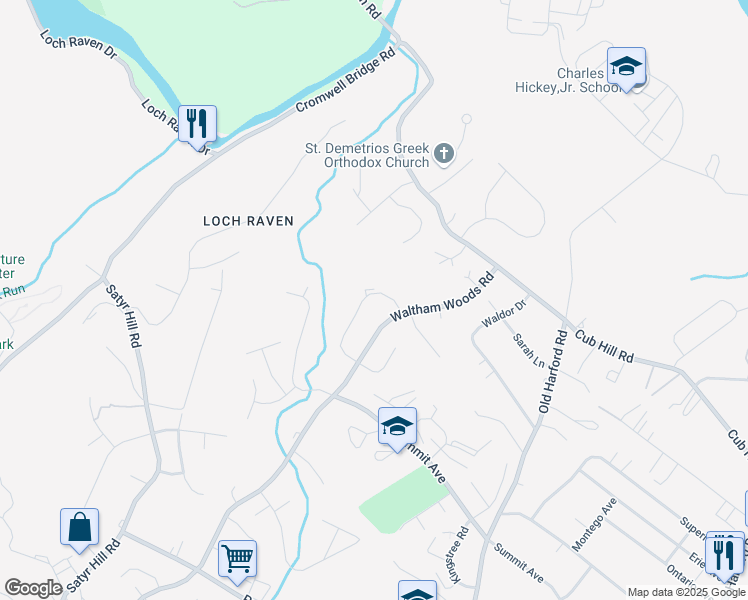 map of restaurants, bars, coffee shops, grocery stores, and more near 9363 Pan Ridge Road in Parkville