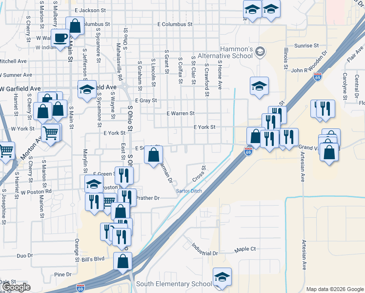 map of restaurants, bars, coffee shops, grocery stores, and more near 1094 South Street Clair Street in Martinsville