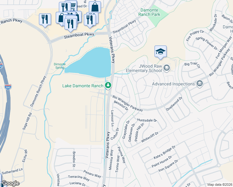 map of restaurants, bars, coffee shops, grocery stores, and more near 10885 Pentwater Drive in Reno