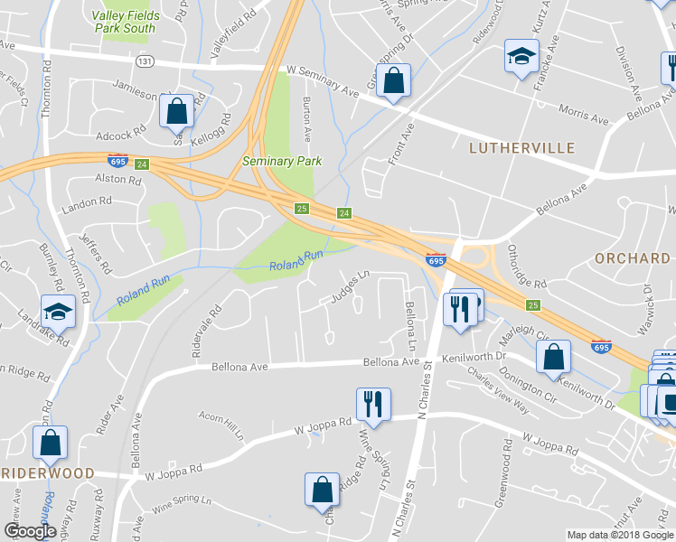 map of restaurants, bars, coffee shops, grocery stores, and more near 1 Lacosta Court in Towson