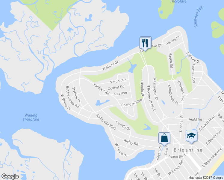 map of restaurants, bars, coffee shops, grocery stores, and more near 1324 Quimet Road in Brigantine