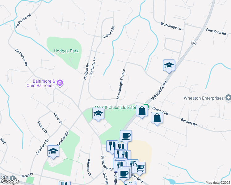 map of restaurants, bars, coffee shops, grocery stores, and more near 1295 Sareno Drive in Eldersburg