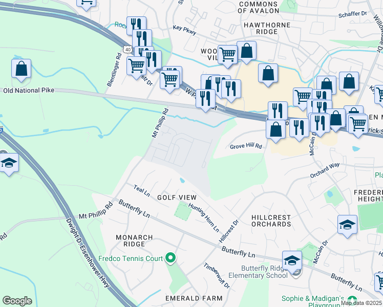 map of restaurants, bars, coffee shops, grocery stores, and more near 324 Pemberton Park Lane in Frederick