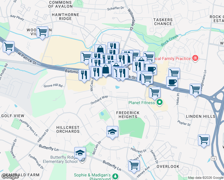 map of restaurants, bars, coffee shops, grocery stores, and more near 90 Blueridge Court in Frederick