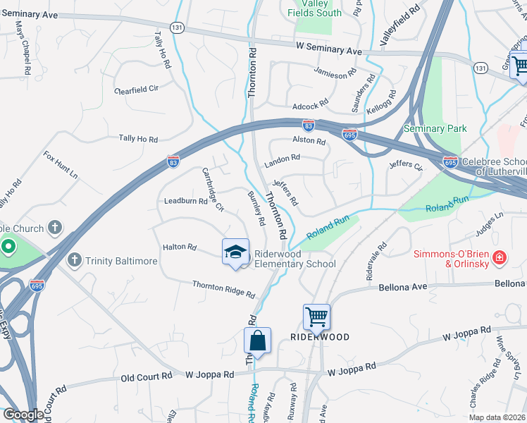 map of restaurants, bars, coffee shops, grocery stores, and more near 8221 Burnley Road in Towson