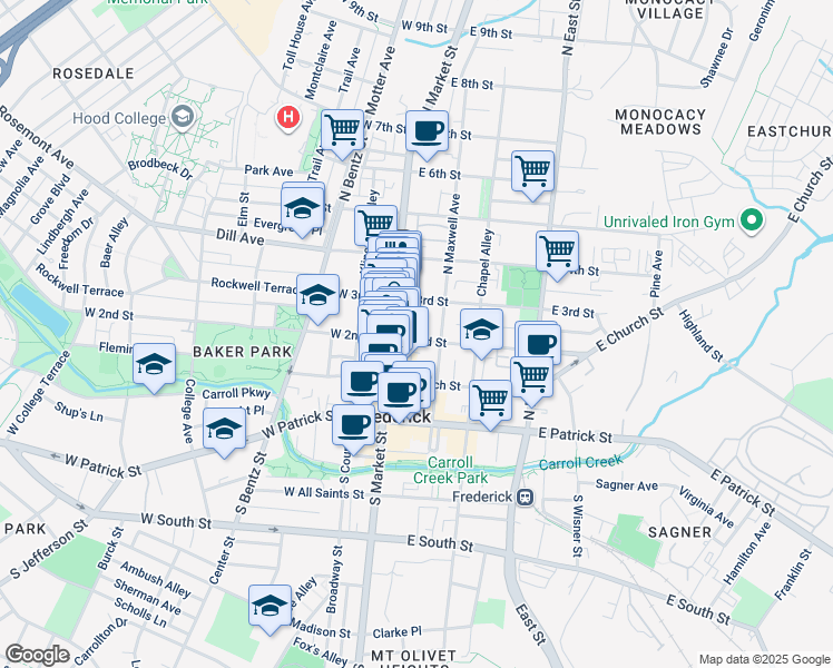 map of restaurants, bars, coffee shops, grocery stores, and more near 17 East 2nd Street in Frederick