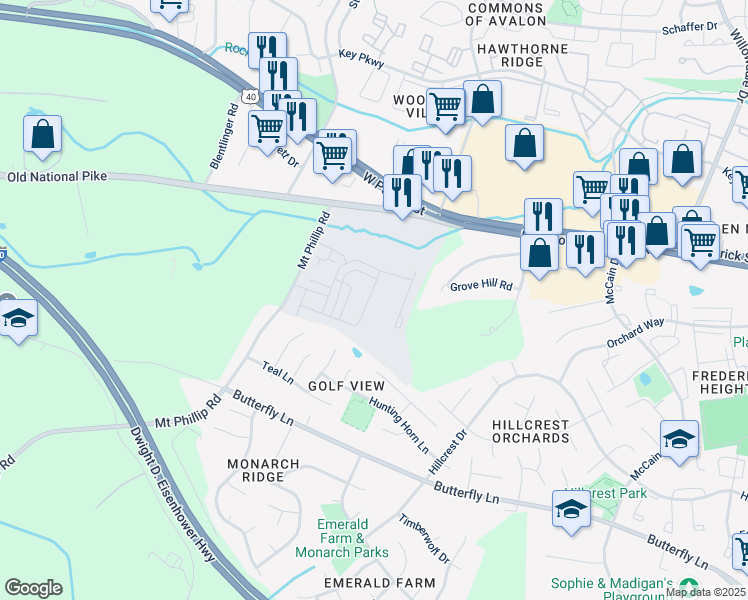 map of restaurants, bars, coffee shops, grocery stores, and more near 324 Pemberton Park Lane in Frederick