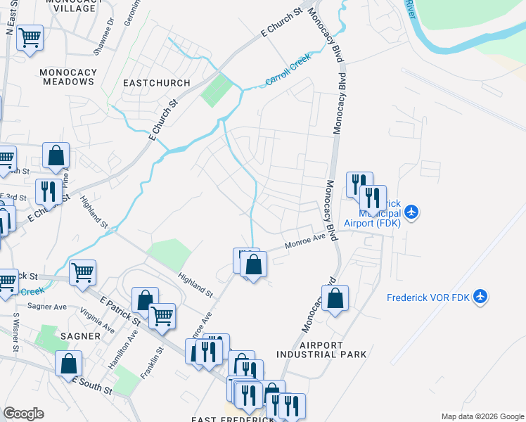 map of restaurants, bars, coffee shops, grocery stores, and more near 454 Hanson Street in Frederick