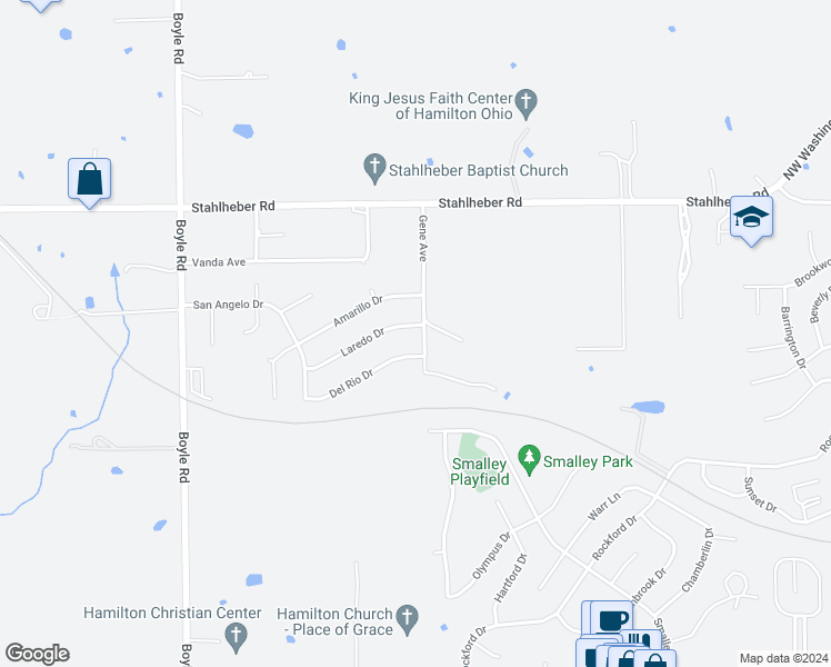 map of restaurants, bars, coffee shops, grocery stores, and more near 1709 Laredo Drive in Hamilton