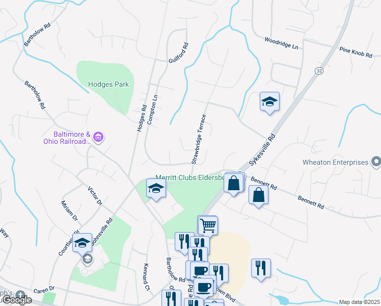 map of restaurants, bars, coffee shops, grocery stores, and more near 1295 Sareno Drive in Eldersburg