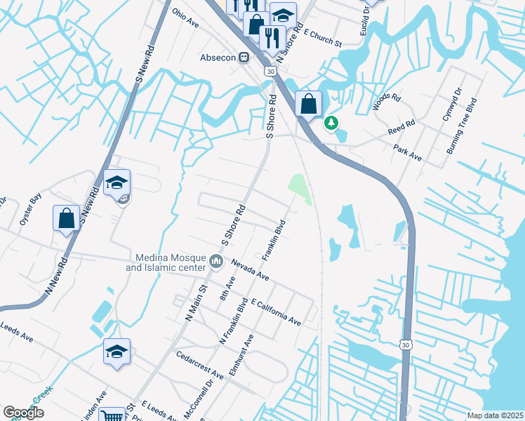 map of restaurants, bars, coffee shops, grocery stores, and more near 26 East Lee Avenue in Absecon