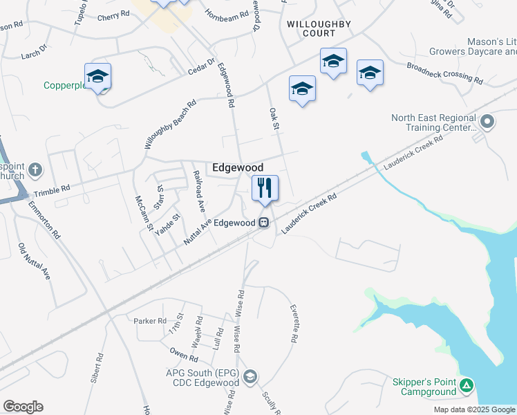 map of restaurants, bars, coffee shops, grocery stores, and more near 2122 Old Edgewood Road in Edgewood