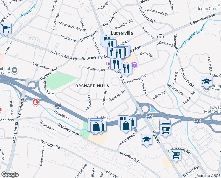 map of restaurants, bars, coffee shops, grocery stores, and more near 6 Lyn Court in Lutherville-Timonium