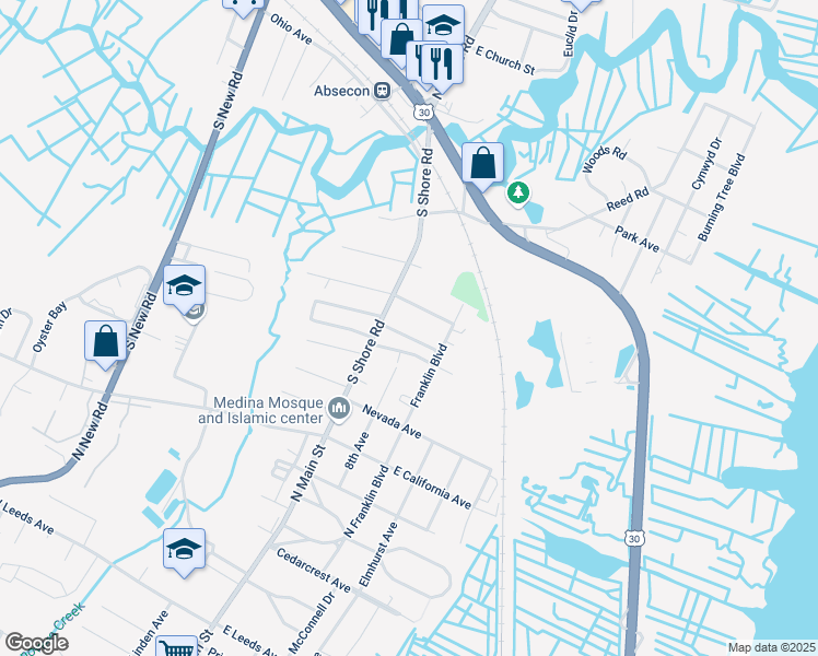 map of restaurants, bars, coffee shops, grocery stores, and more near 26 East Lee Avenue in Absecon