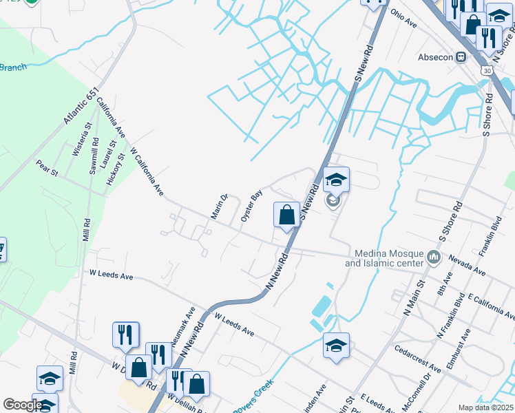 map of restaurants, bars, coffee shops, grocery stores, and more near 2 Oyster Bay in Absecon