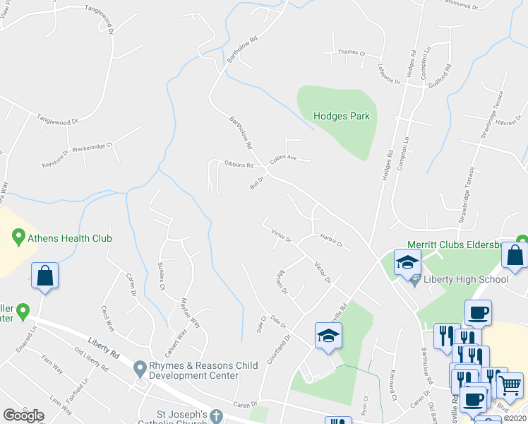 map of restaurants, bars, coffee shops, grocery stores, and more near 1000 Myrtle Drive in Eldersburg