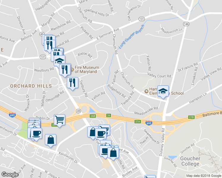 map of restaurants, bars, coffee shops, grocery stores, and more near 107 Ridgefield Road in Lutherville-Timonium