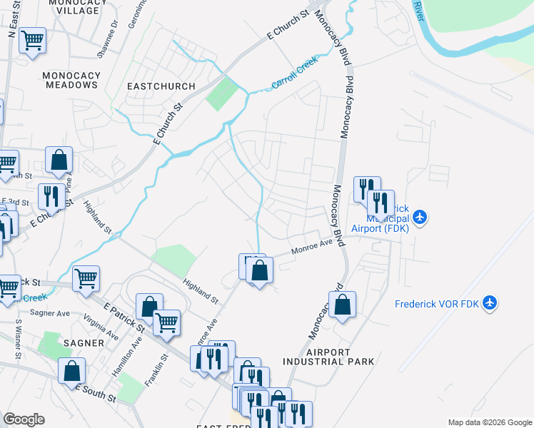 map of restaurants, bars, coffee shops, grocery stores, and more near 454 Hanson Street in Frederick