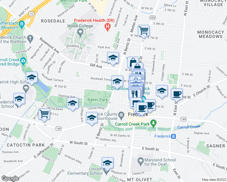 map of restaurants, bars, coffee shops, grocery stores, and more near North Bentz Street & West 2nd Street in Frederick