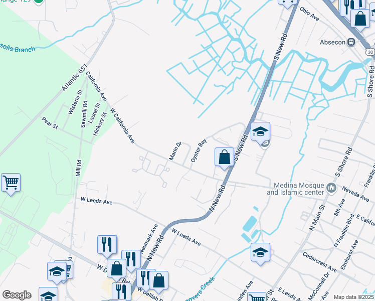 map of restaurants, bars, coffee shops, grocery stores, and more near 131 Marin Drive in Absecon