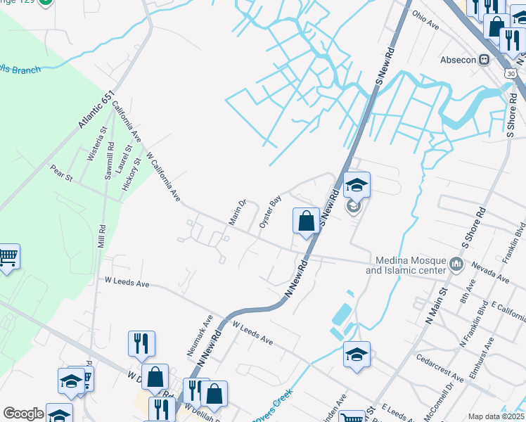 map of restaurants, bars, coffee shops, grocery stores, and more near 126 Marin Drive in Absecon