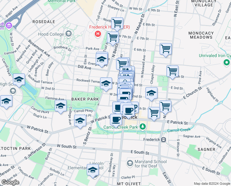 map of restaurants, bars, coffee shops, grocery stores, and more near 105 West 2nd Street in Frederick
