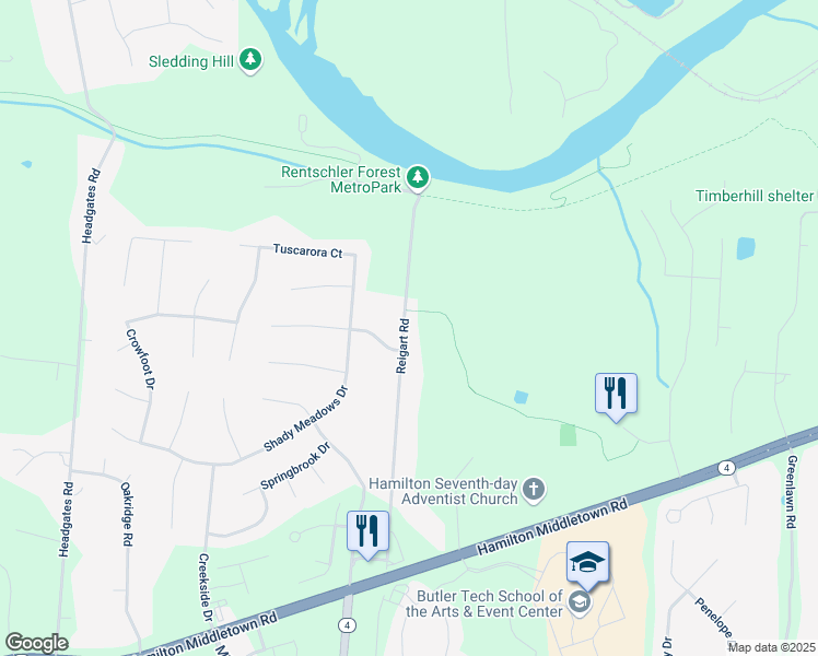 map of restaurants, bars, coffee shops, grocery stores, and more near 5787 Reigart Road in Fairfield