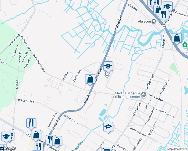 map of restaurants, bars, coffee shops, grocery stores, and more near 701 South New Road in Absecon