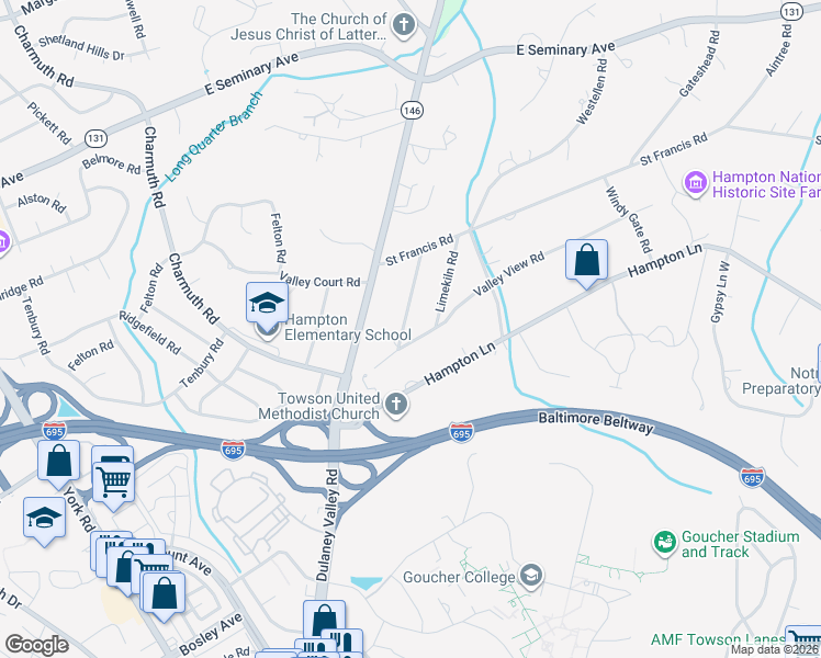 map of restaurants, bars, coffee shops, grocery stores, and more near 1203 Merediths Ford Road in Towson